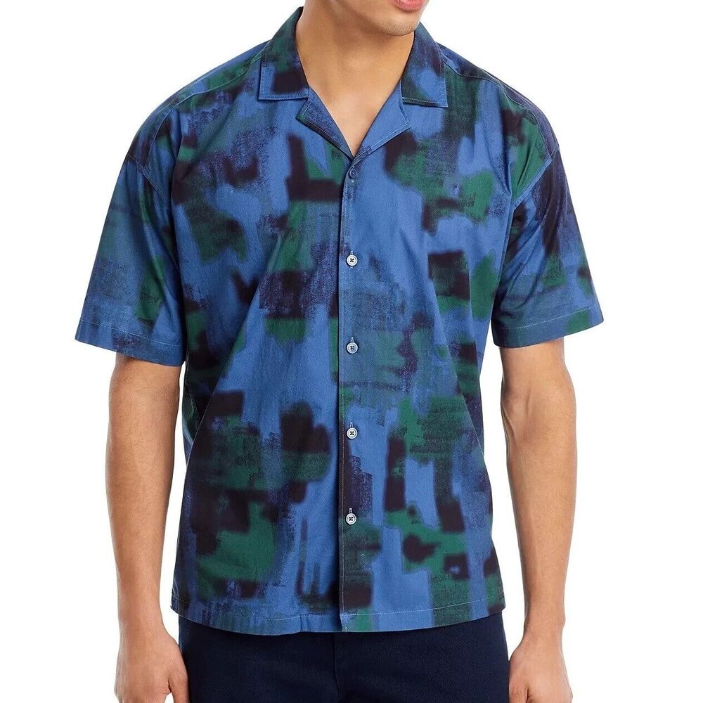 HUGO BOSS Shirt Mens XXL Blue Short Sleeve Abstract Button Up Relaxed DREW $148